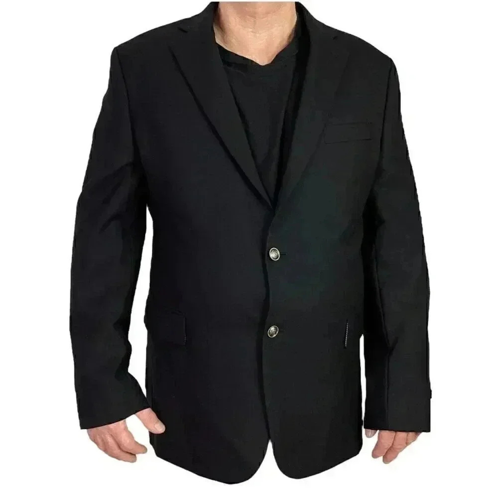 Stafford Blazer Sport Coat Men 46L Black Classic 2 Button Wool Crest Buttons